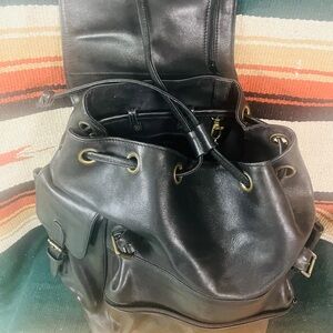 Ellington Black Leather Drawstring Backpack with Brass Hardware